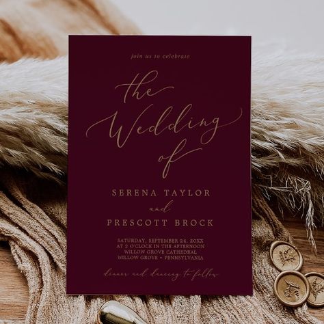 Delicate Gold Calligraphy Burgundy The Wedding Of Invitation Wedding Invitations Fall Burgundy, Crimson Wedding Invitations, Black Burgundy Ivory And Gold Wedding, Champagne And Burgundy Wedding, Maroon Wedding Invitations, Maroon And Gold Wedding, Fall Burgundy Wedding, Copper Wedding Invitations, Crimson Wedding