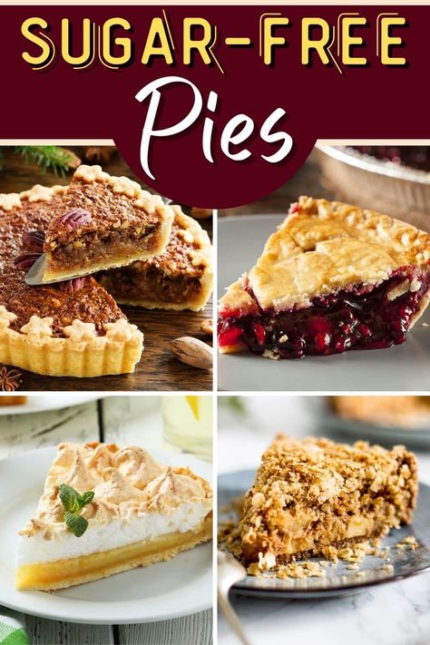 These sugar-free pies make indulging in dessert a little healthier! From Key lime to peanut butter to coconut cream, you won't be able to resist these pies. Sugar Free Pies Recipes, Low Sugar Pie Recipes, Sugar Free Key Lime Pie For Diabetics, Sugar Free Divinity Recipe, Healthy Coconut Cream Pie, Sugar Free Fruit Desserts, Pies For Diabetics, Sugar Free Pie Recipes, Sugar Free Desserts Easy 3 Ingredients