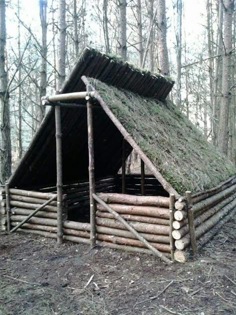 A Long-Term Survival shelter Bushcraft Shelter Ideas, Survival Shelter Long Term, Primitive Shelter, Roof Idea, Casa Hobbit, Shelter Ideas, Bushcraft Shelter, Shelter Design, Bushcraft Camping