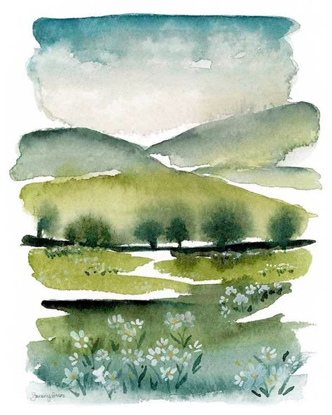 Rolling Hills Landscape, Painting Seascapes, Art Exercises, Hills Landscape, Watercolor Wall Decor, Easy Landscape Paintings, Watercolor Art Landscape, Flower Meadow, Landscape Watercolor