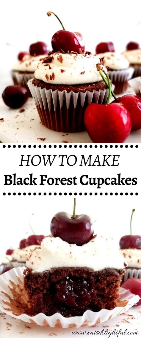 black forest cupcakes topped with whipped cream, shaved chocolate, and cherries Cupcakes Black Forest, Black Forest Cake Cherry Filling, Black Forest Cherry Filling, Black Cherry Cupcakes, Black Forest Mini Bundt Cake, Black Forest Cake Cupcakes, Easy Black Forest Cupcakes, Black Forest Cupcakes With Box Cake, Black Forest Muffins