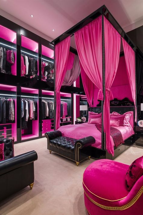 This Pink ANd Black Bedroom is looking So Aesthetically Pleasing. I almost fell for it. Black Hot Pink And Gold Bedroom, Black And Pink Bedroom Aesthetic, Luxury Pink Bedroom, Dark Room Aesthetic Bedroom, Black And Pink Room Ideas, Girly Bedroom Ideas For Women, Black And Pink Bedroom, Pink And Black Bedroom Ideas, Cool Bedrooms