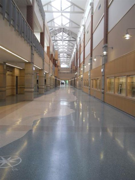 The hallway of the new Duxbury high school. Rich School Hallway, Luxury School Hallway, Fancy School Hallway, School Halls Aesthetic, University Hallway Design, Aesthetic School Hallway, Private School Hallway, Rich High School Aesthetic, Modern School Hallway