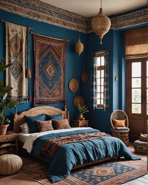 Blue Boho Bedroom, Blue Gray Bedroom, Girl Room Ideas, Bedroom Orange, Decor Ideas For Living Room, Home Decor Cozy, Office Room Decor, Bohemian Bedroom Decor, Boost Creativity