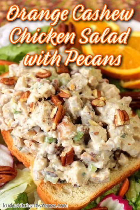 Orange Cashew Chicken Salad Recipe with Pecans for Extra Crunch: Orange Cashew Chicken Salad is simply the best-tasting chicken salad, EVER! It's creamy, crunchy, and takes only minutes to prepare! Chicken Salad Recipe With Pecans, Chicken Salad With Pecans, Cashew Chicken Salad, Recipe With Pecans, Salad With Pecans, Tarragon Chicken Salad, Rotisserie Chicken Salad, Chicken Salad Recipe Easy, Citrus Recipes