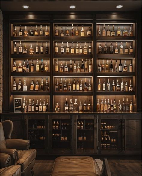 Mancave Small Room Ideas, Basement Whisky Bar, At Home Speakeasy Bar, Whiskey Collection Display, Alcohol Shelf Ideas, Bourbon Wall Display, Home Whiskey Lounge, Home Whisky Bar, Whisky Bar Home