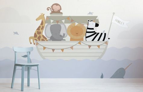 Custom Name Noah's Ark Wallpaper Mural | Hovia Noah’s Ark Mural, Noahs Ark Mural, Light Colored Furniture, Murals Wallpaper, Unicorn Wallpaper, Noah S Ark, Daisy Painting, Friends Wallpaper, Rainbow Wallpaper