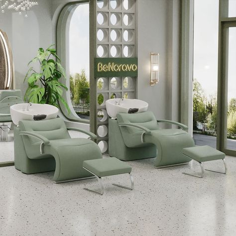 Green Beauty Salon, Salon Backwash, Shampoo Bowls Salon, Dream Salon, Spa Furniture, Spa Interior Design, Shampoo Chair, Spa Chair, Shampoo Bowls