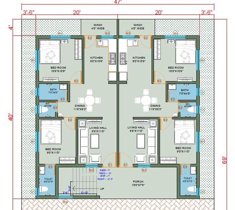 2 Portion House Plan, 40x40 House Plans Layout, 40x40 House Plans, Small Apartment Building Plans, Flat House Design, 20x40 House Plans, 30x40 House Plans, Building Design Plan, Flat House