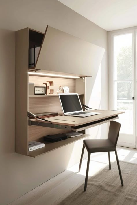 Space-Saving Wall-Mounted Desks Workspace In Small Living Room, Wall Mounted Fold Out Desk, Functional Study Table, Wall Mounted Furniture, Fold Up Wall Desk, Fold Table On Wall, Desk Workspace Ideas, Murphy Desk Small Spaces, Fold Down Desk Wall Mounted