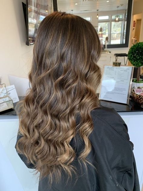 Toned Down Balayage, Light Brown Curled Hair, Creamy Brown Balayage, Curled Brown Hair, Ash Brown Hair Balayage, Highlights Curly Hair, Brown Hair Looks, Perfect Hair Color, Brown Hair Inspo