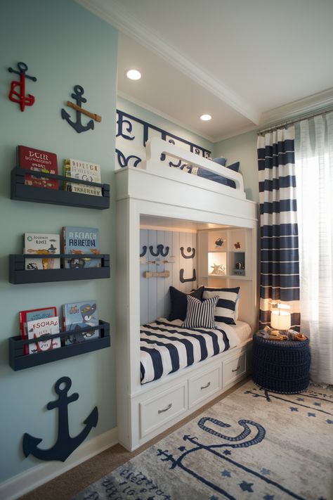 Nautical-themed children's bedroom with bunk beds, anchor decorations, and a collection of books on wall shelves. Toddler Bedroom Boy Ideas, Toddler Boys Bedroom Themes, Fun Toddler Bedroom, Toddler Bedroom Boy, Toddler Boy Bedroom, Cozy Colors Palette, Boys Bedroom Themes, Bedroom Interior Ideas, Bedroom Boy