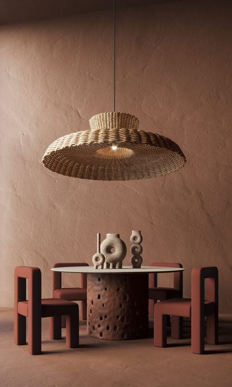 Terracotta Dining Collection & Ceramic Vases by FAINA | Yellowtrace Rattan Kitchen, Concrete Effect Paint, Kitchen Pendant, Rattan Lamp, Rattan Pendant Light, Cafe Shop, Hanging Pendant, Hanging Pendant Lights, Ceramic Vases