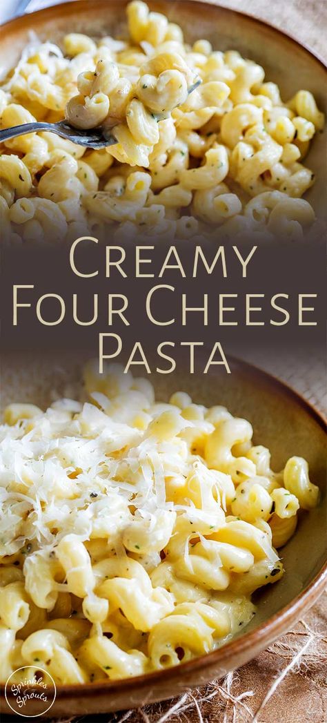 This Creamy Four Cheese Pasta recipe is so easy to make and will be a hit with the entire family! It is one of those dinners that is great on its own or as a side next to some grilled chicken, a juicy steak, or with some roasted mushrooms. Cheesy Pasta is one of the worlds greatest comfort foods and this four cheese version is ready in 15 minutes, as you make the simple sauce whilst the pasta cooks. So much better than boxed pasta. Pasta Dishes Cheesy, Simple Cheesy Pasta, Pasta Quatro Formaggi, Chicken And Cheese Pasta Recipes, Simple Cheese Pasta, Four Cheese Sauce, 3 Cheese Pasta Recipes, Creamy Cheesy Pasta Sauce, Pasta Recipes With Cheese