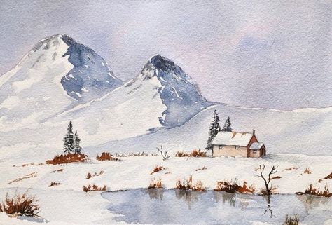 Snow Mountains Watercolor, Winter Mountains Watercolor, Snow Landscape Watercolor, Snow Mountain Watercolor, Snow Mountain Drawing, Snow Ideas, Watercolor Snow, Snow Watercolor, Learning To Paint