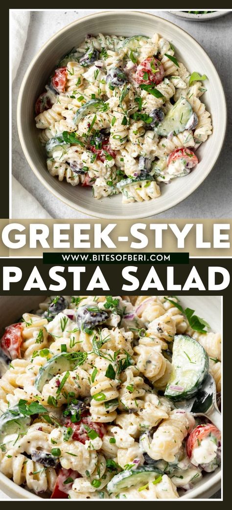 This creamy Greek-style pasta salad combines tender pasta, fresh cucumbers, juicy tomatoes, Kalamata olives, and tangy feta cheese, all tossed in a luscious yogurt and dill dressing. It's a refreshing and flavorful dish that's perfect for picnics, potlucks, or a light summer meal. Shrimp Salad Recipes Easy, Chicken Salad Recipes Healthy, Salad Recipes Asian, High Protein Pasta Salad, Pasta Recipes Pesto, Recipes Shrimp Pasta, Salad Recipes Mediterranean, Pasta Salad Recipes Healthy, Asian Salad Recipes