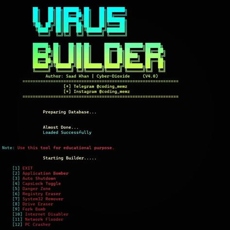 Virus-Builder This tool will generate a virus that can only destroy Windows computer. You can also configure to auto run in usb drive More scripts will be added with time. Termux Hacking Tools, Hacker Art, Best Hacking Tools, Learn Hacking, Computer Science Programming, Cell Phone Hacks, Hacking Tools, Hacking Books, Computer Virus