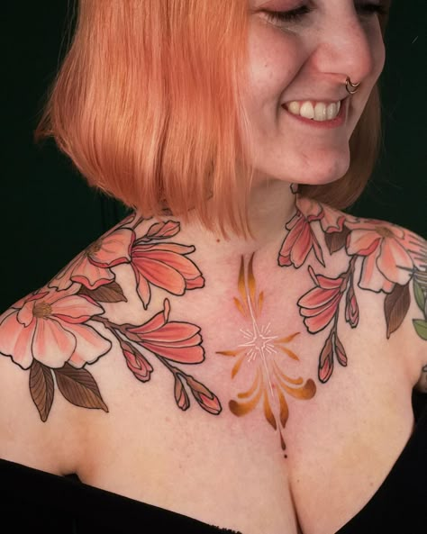 Nature Inspired Chest Tattoo, Neotrad Shoulder Tattoo, Neo Traditional Collar Bone Tattoo, Neotrad Chest Tattoo, Neotraditional Shoulder Tattoo, Jen Tonic Tattoo, Botanical Neck Tattoo, Art Nouveau Chest Tattoo, Plant Chest Tattoo