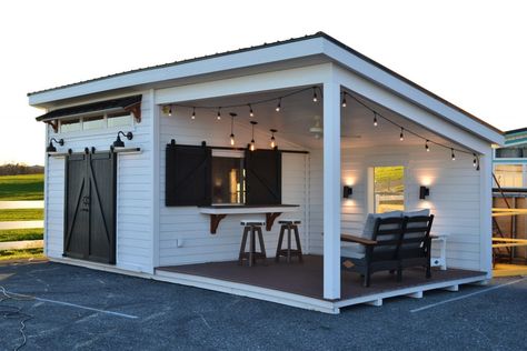 Sheds Turned Into Bars Backyards, Shed Bbq Area, Garden Around Shed Ideas, Storage Room Outdoor, Lean To Bar Shed, Shed With Bbq Area, Shed Outdoor Living Space, Shed Building Ideas, Shed And Bar Combo