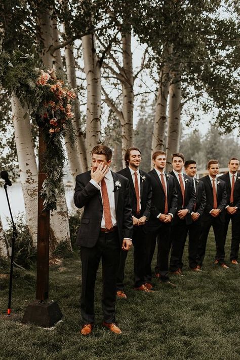 Fall Groomsmen Ideas, Dark Grey Suit Fall Wedding, Terracotta And Copper Wedding, Groom Attire Terracotta, Black And Rust Groomsmen Attire, Black Tux With Copper Tie, Fall Bridal Party Colors Grooms, Black And Terracotta Groomsmen, Cinnamon And Eucalyptus Wedding