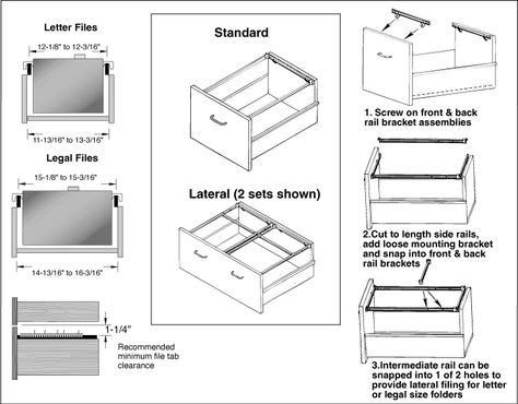 File drawer dimensions Filing Cabinet Drawers, Wood Techniques, Drawer Measurements, Drawer Dimensions, Utility Cabinets, Hanging Folders, Rail Bracket, Drawer Filing Cabinet, Hanging File Folders