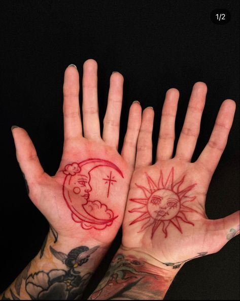 Red ink, palm tattoo, sun, moon Sun And Moon Palm Tattoo, Red Ink Moon Tattoo, Palm Hand Tattoo, Sun Hand Tattoo, Red Moon Tattoo, Red Sun Tattoo, Hand Palm Tattoos, Palm Tattoo, Hand Tatto