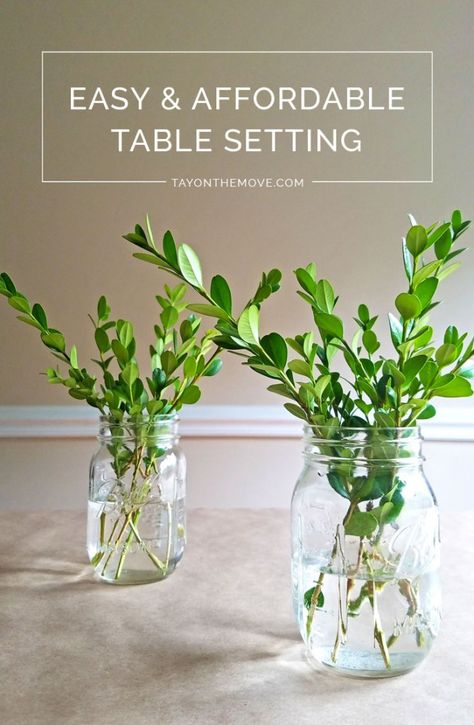 DIY/Creative: Easy & Affordable Table Setting Idea - This table setting is probably the most budget friendly one you've ever seen! Click through to see why! Simple Table Decor For Party, Inexpensive Spring Centerpieces, Basic Table Decor, Christian Centerpieces Table Settings, Appreciation Dinner Ideas Table Settings, Casual Table Settings Everyday Simple, Super Simple Table Centerpiece, Inexpensive Table Decorations For Party, Small Tablescapes Ideas