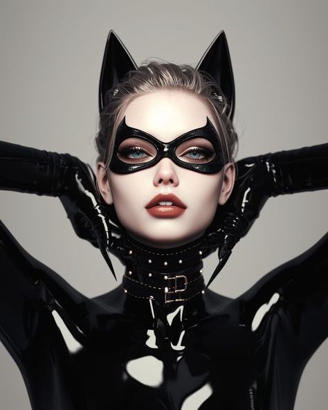 Catwoman Julie Newmar, Catwoman Masks, Black Hero Costume, Cat Women Costume Diy, Catwoman Photoshoot, Latex Halloween Costume, Catwoman Makeup, Original Catwoman, Batman Makeup