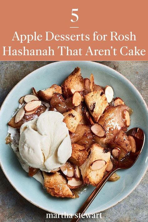 End the meal and start your New Year on a deliciously sweet note with one of these easy apple dessert recipes for Rosh Hashanah. Follow these simple and quick apple dessert recipes for a memorable and tasty holiday! #marthastewart #roshhashanah #roshhashanahrecipes #classicroshhashanahrecipes #fallholidays Rosy Hashanah Recipes, Rosh Hashanah Recipes Dessert, Roshashana Recipes, Easy Apple Dessert Recipes, Apple Pie Bread Pudding, Rosh Hashanah Desserts, Apple Crumble Topping, Quick Apple Dessert, Apple Dessert Recipes Easy