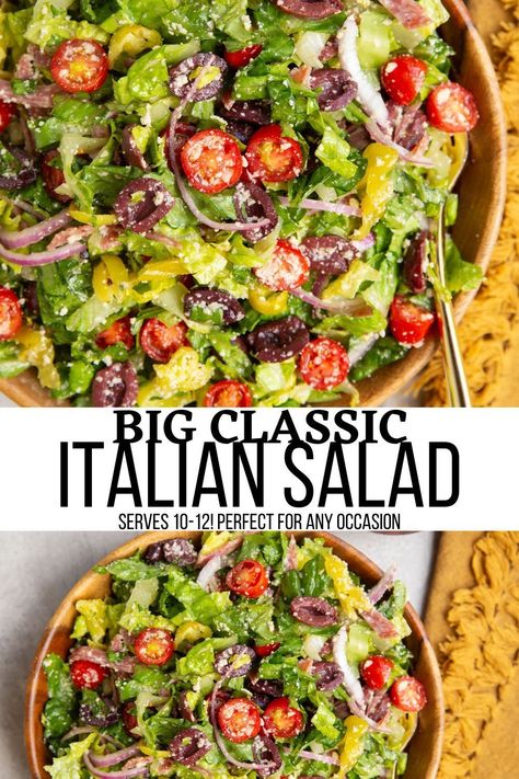 Classic Italian Salad with tomatoes, parmesan cheese, olives, onion, pepperoncinis, and homemade Italian dressing. This extra crunchy salad is bursting with big bold flavors and makes the best side dish for big families! #salad #potluck #summer #italian Italian Food Buffet Ideas Parties, Side Salad For Italian Dinner, Easy Dinner Salad Recipes, Italian Food Party Ideas Simple, Best Cold Salads, Birthday Dinners For Mom, Proteins For Salads, Italian Side Salad Recipes, Salads That Go With Italian Food