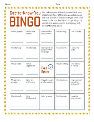 Get-to-Know-You Bingo | Worksheet | Education.com Get To Know You Bingo, Bingo Get To Know You Game, Find Someone Who Bingo For Adults, Get To Know Bingo Ice Breakers, Get To Know You Bingo Teens, Bingo Sheets Printable 1-75, Middle School Activities, Icebreaker Activities, Free Space