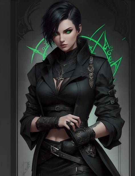 Sidecut hair,Vi arcane, Sidecut hair, sketchbook, hand drawn hand, witch green eyes, full body, imposing pose, lots of details, stylish outfit, witch symbols, runes , dark theme , black shirt, beautiful, pretty Vi Arcane Black Hair, Black And Dark Green Hair, Imposing Pose, Shadowrun Character Art, Sidecut Hair, Black Hair Green Eyes Girl, Black Hair Green Eyes, Witch Symbols, Dark Green Hair