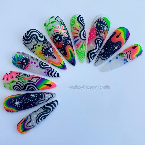 (ad) Want to do nail art for short nails? Find 20 beautiful Nail Art for Beginners ideas for short nails which are very simple to make at home without ... Long Fun Nails, Hippie Nails Simple, Long Colorful Nails, Trippy Nails Acrylic, Edc Nails Designs, Complex Nail Designs, Ufo Nails, Trippy Nail Designs, Psychadelic Nails