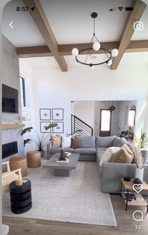 Light Grey Living Room Ideas Modern, Modern Living Room Ideas Gray Couch, Earthy Living Room Grey Sofa, Couch Next To Stairs, Black Grey Tan Living Room, Styling Dark Gray Couch, Grey Couch Organic Modern Living Room, Color Sofas Ideas, Modern Organic Sectional