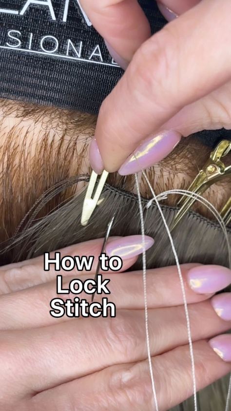 kaylathompsonstylist on Instagram: ❕SAVE❕ This is the first stitch that starts your hand-tied weft 💁🏼‍♀️ The Lock Stitch starts the connection between the foundation and… Hand Tied Extensions Placement, Hair Extension Tips And Tricks, Hand Tied Extensions, Lock Stitch, Hand Tied Wefts, Sew In Hair Extensions, Wig Styling, Hair Weft, The Foundation