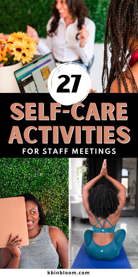 Whether you have a remote team, hybrid team, or fully on site team, team members everywhere are dealing with high-stress levels and could use some self-care activities. Adding carefully prepared wellness activities to staff meetings is an easy way to improve company culture. The best self-care activities boost employee well-being, decrease stress, and improve productivity. Well Being Ideas For Staff, Employee Self Care Ideas, Wellness Ideas For Teachers, Staff Wellness Ideas, Self Care Workshop, Improve Work Morale, Work Retreat Activities, Team Retreat Activities, Staff Activities Team Building