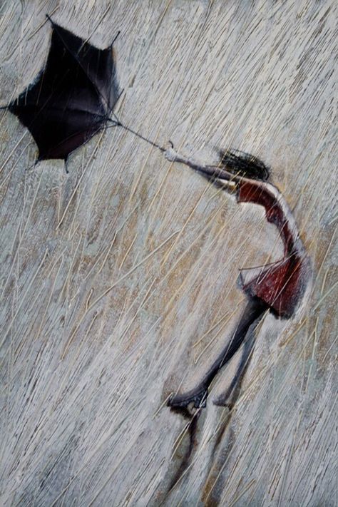 Wind Rain Painting, Rain Art, Umbrella Art, Walking In The Rain, Amazing Paintings, In The Rain, Original Oil Painting, Original Oil, The Rain