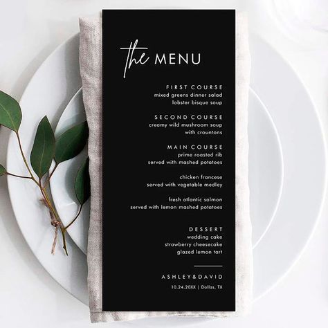 Black Minimalist Wedding Dinner Menu Black Minimalist Wedding, Menu Wedding Table, Minimalist Black Wedding, Simple Wedding Menu, Rustic Wedding Menu, Wedding Drink Bar, Lobster Bisque Soup, Menu Sans Gluten, Wedding Menus Design