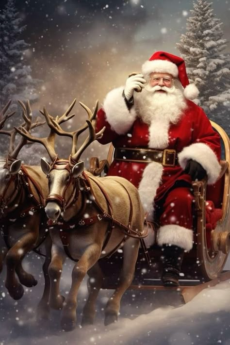 Santa With Sleigh And Reindeer, Santa Claus With Reindeer, Santa Pics, Santa Claus Pictures, Winter Christmas Scenes, Santa Claus Images, Christmas Background Images, Japan Illustration, Santa Art