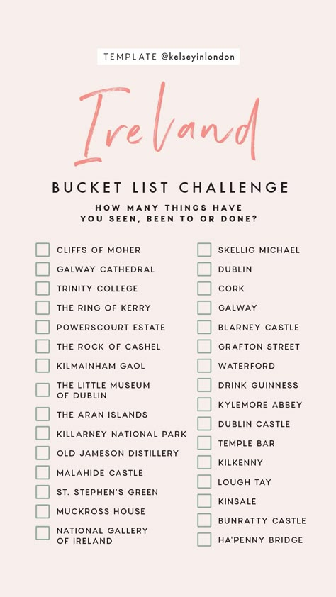 Bucket List Challenge, Ireland Bucket List, List Challenges, Ireland Trip, The Bucket List, Ireland Vacation, Story Templates, Travel Checklist, Bucket Lists