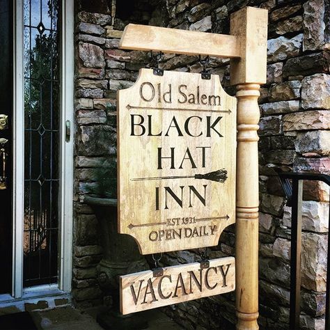 Old Salem Black Hat Inn Wooden sign | Halloween Decor | Witch Decorations | Me and Annabel Lee (@meandannabellee1) • Instagram photos and videos Cauldron Halloween Decor, Halloween Decor Crafts, Outdoor Witch, Salem Halloween, Witches Halloween Party, Faux Iron, Halloween Decor Diy, Annabel Lee, Halloween Party Dinner