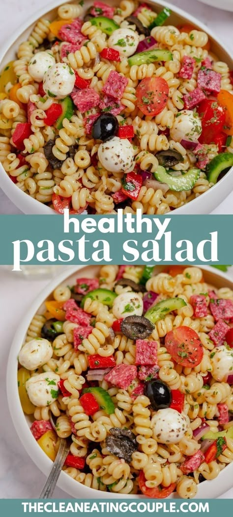 A Healthy Pasta Salad recipe that is easy to make with the most delicious dressing! This cold pasta salad with salami is quick to make and delicious. The perfect side dish or lunch and great for meal prep! Lunch Pasta Salad Healthy, Pasta Salad No Pasta, Pasta Salad Healthy Clean Eating, Pasta Salad For Meal Prep, Cold Lunch Pasta Salads, Quick Pasta Lunch Ideas, Easy Meal Prep Cold Lunch, Pasta Salad Meal Prep Healthy, Cold Pasta Meal Prep