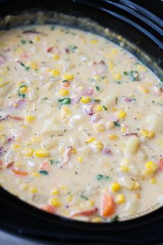 This easy Slow Cooker Corn Chowder simmers all day in the crockpot, and is ready to serve when you are ready to eat. Fresh vegetables, chunks of tender potato, and smoky bacon give so much flavor while the creamy corn base adds a touch of sweetness. The perfect cool weather soup! Slow Cooker Corn, Slow Cooker Corn Chowder, Ham Chowder, Bacon Corn Chowder, Slow Cooker Bacon, Cheesy Ham, Corn Chowder Recipe, Crockpot Dishes, Chowder Recipes