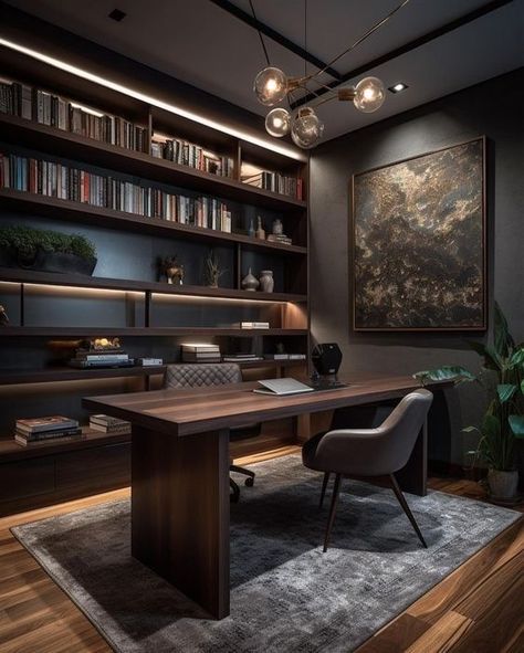 Men’s Study Room, Masculine Office Lighting, Dark Study Room, Dark Academia Aesthetic Office, Mens Study Office, Modern Home Office Design For Men, Study Room Ideas For Men, Office Rom, Office Ideas For Men Modern