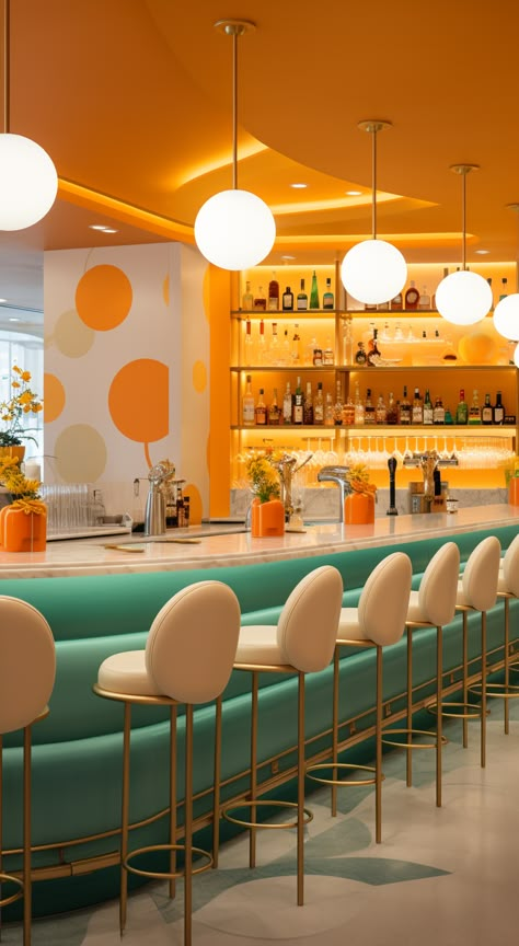 Groovy Restaurant, Retro Restaurant Design, Postmodern Interior Design, Colorful Restaurant, Restaurant Layout, Spa Interior Design, Asian Interior, Retro Graphic Design, Spa Interior