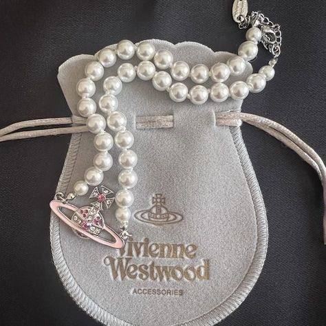 Pink Vivienne Westwood, Vivienne Westwood Necklace, Westwood Necklace, Vivienne Westwood Jewellery, Planet Necklace, Pink Pearl Necklace, The Vivienne, Gothic Necklace, Pearl Choker Necklace