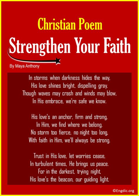 Delve into the soul-stirring realm of Christian poetry with our curated list of 30 inspiring verses. Each poem is a beacon of hope, illuminating the profound connection between faith and the written word. Let these poetic masterpieces uplift your spirit and strengthen your bond with the Divine. Christian Poems to Strengthen Your Faith 1. Anchored in His Love This poem speaks to the unwavering love of God. It emphasizes how God’s love serves as an anchor, holding us steady even in the... Gospel Poems, Church Poems, Poem About God, Inspiring Verses, Christian Poetry, Christian Poems, Funny Poems, Kingdom Woman, Bible Journaling Ideas Drawings