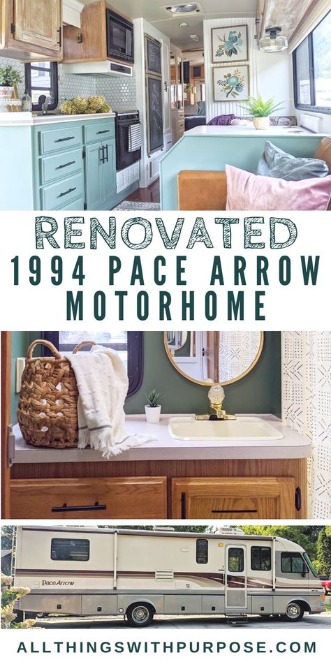 Oct 1, 2020 - This Pace Arrow Class A Motorhome has been transformed from blah 90's decor, to bright and modern! See all the renovation details! Pace Arrow Motorhome Remodel, Motorhome Renovation, Rv Updates, Motorhome Remodel, 90s Decor, Motorhome Interior, Camper Diy, Class A Motorhome, Rv Interior Remodel