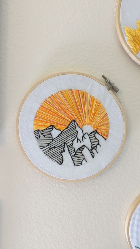 A recreation of a pattern I've seen floating around on here! Not sure who to credit. My first embroidery. by quit_the_moon – @embroiderycrafts on Tumblr Sky Embroidery Pattern, Mountain Range Embroidery, Embroidery Patterns Mountains, Beginners Embroidery Patterns, Mountain Embroidery Simple, Embroidery Landscape Easy, Yellowstone Embroidery, Hiking Embroidery, River Embroidery