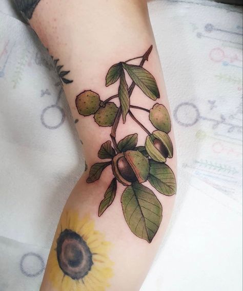 Autumnal Tattoo, Chestnut Tattoo, Botanical Tattoos, Autumn Tattoo, Hip Thigh Tattoos, Sleeve Ideas, Botanical Tattoo, Sleeves Ideas, Chestnut Horse